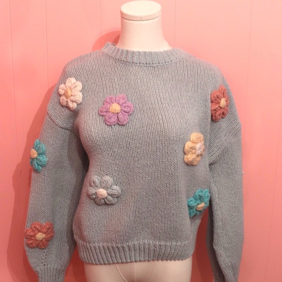 Floral Embellished Blue Sweater - Picture 2 of 4